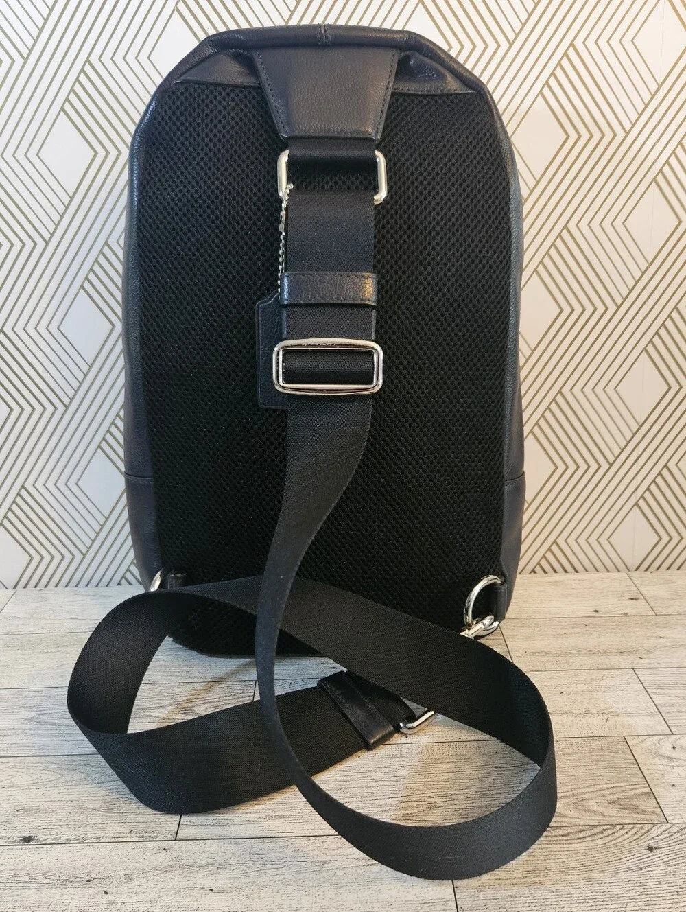 Coach F72226 Charles Pack Varsity Leather Sling Crossbody Bag Black Blue Stripe